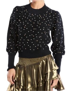 Allison New York Pearl and Rhinestone Black Sweater